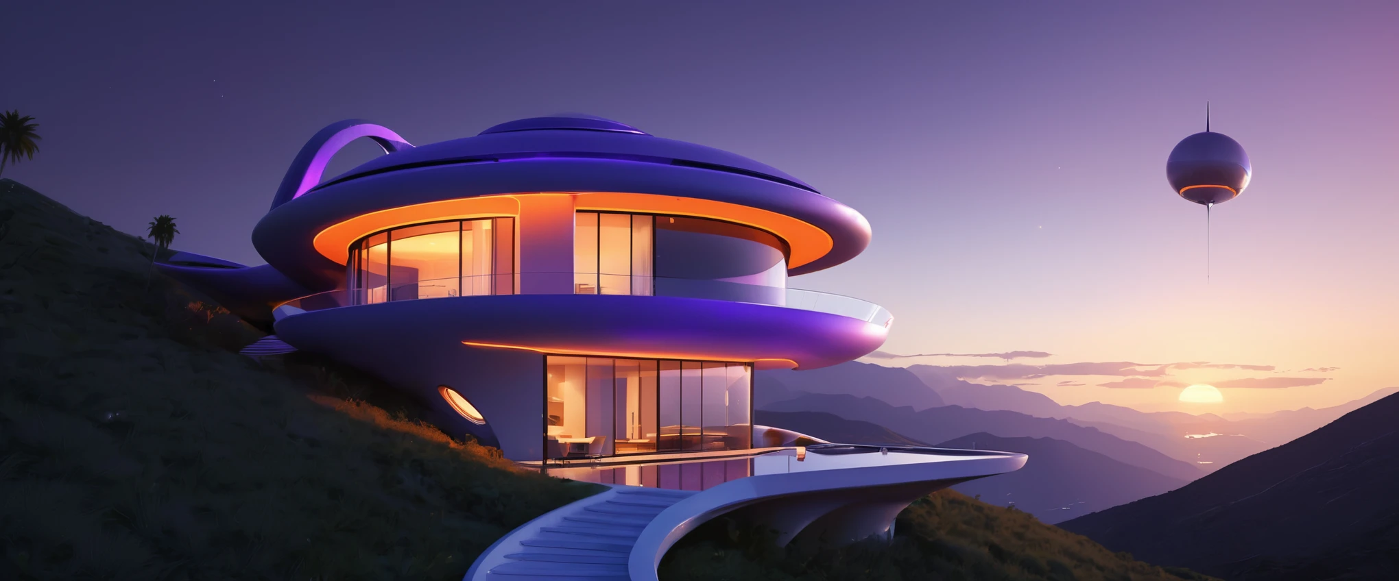 a futuristic multi-level house with a satelite dish and antenna array on the rooftop, at sunset, in the mountain side, cgsocietywlop, beautiful curves, intricate devilish designs, qualia, interesting shapes & form, wow factor, elaborate polished, architectural rendering, miami, bioluminescent, colorfull, glow fluid, orange and purple soft lighting in interior of house, futuristic battlefield, inspired by James E. Brewton, precise architectural rendering