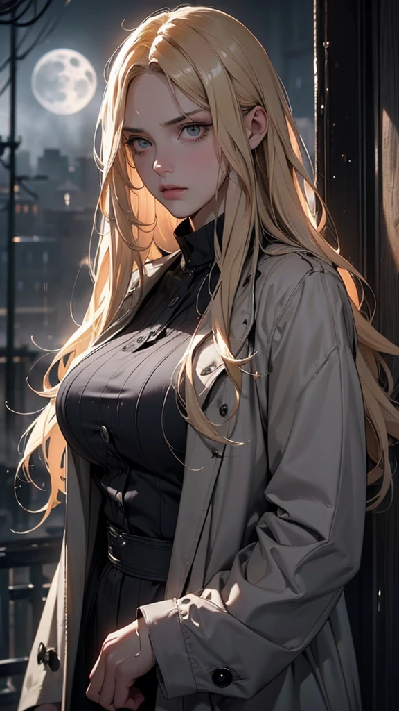 (((long straight blonde hair, big breasts, scared, on the look out))), ((trench coat, defensive posture, suspense, thriller)), (masterpiece), best quality, expressive eyes, perfect face, detailed face, detailed eyes, detailed clothes, detailed background, detailed lighting, intricate details, 4k, 8k, (cinematic angle:1.5), (((rolling fog, moonlight, wet street, shadows, dark, moody atmosphere)))