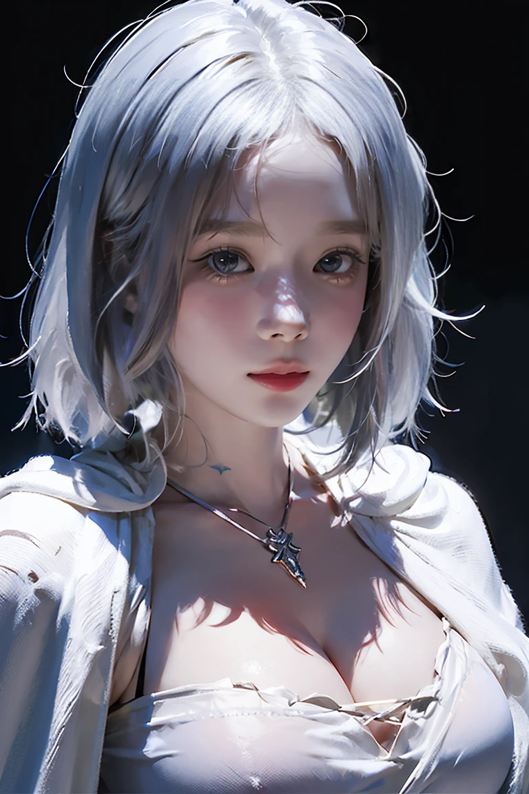 ((Close-up of a woman with tattoos on her chest)), girl, Short white hair with bangs, Black strands of hair, Purple eyes, White T-shirt and white cape, Pendant around the neck. 超High resolution.Photorealistic. 超High resolution.Photorealistic:1.4,超High resolution. Realistic,High resolutionで, masterpiece, Highest quality, Very detailed, Better Shadows, Volumetric lighting), super high quality, High resolution, 8k, 超Realisticな肖像画 , Photorealistic, Dynamic Lighting, Volumetric lighting, Very detailed顔,(NSFW:0.9),Large Breasts