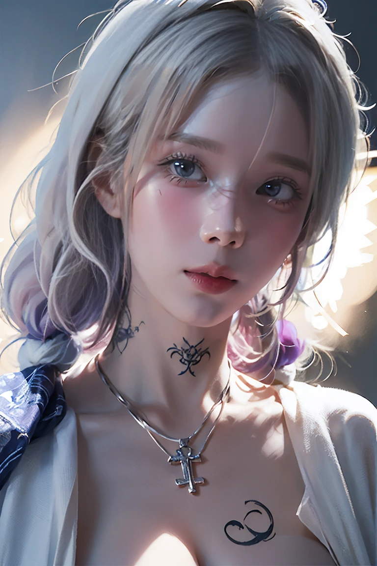 ((Close-up of a woman with tattoos on her chest)), girl, Short white hair with bangs, Black strands of hair, Purple eyes, White T-shirt and white cape, Pendant around the neck. 超High resolution.Photorealistic. 超High resolution.Photorealistic:1.4,超High resolution. Realistic，High resolutionで, masterpiece, Highest quality, Very detailed, Better Shadows, Volumetric lighting), super high quality, High resolution, 8k, 超Realisticな肖像画 , Photorealistic, Dynamic Lighting, Volumetric lighting, Very detailed顔,(NSFW:0.9),Large Breasts