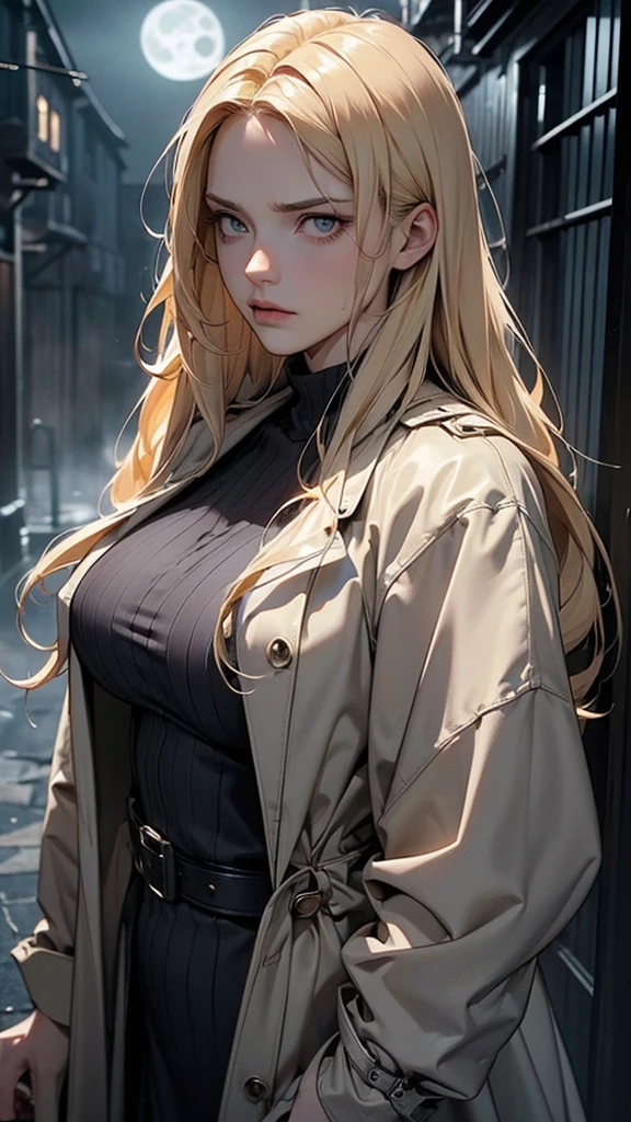 (((long straight blonde hair, big breasts, scared, on the look out))), ((trench coat, defensive posture, suspense, thriller)), (masterpiece), best quality, expressive eyes, perfect face, detailed face, detailed eyes, detailed clothes, detailed background, detailed lighting, intricate details, 4k, 8k, (cinematic angle:1.5), (((rolling fog, moonlight, wet street, shadows, dark, moody atmosphere)))