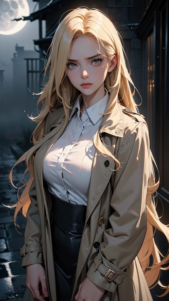 (((long straight blonde hair, big breasts, scared, on the look out))), ((trench coat, defensive posture, suspense, thriller)), (masterpiece), best quality, expressive eyes, perfect face, detailed face, detailed eyes, detailed clothes, detailed background, detailed lighting, intricate details, 4k, 8k, (cinematic angle:1.5), (((rolling fog, moonlight, wet street, shadows, dark, moody atmosphere)))