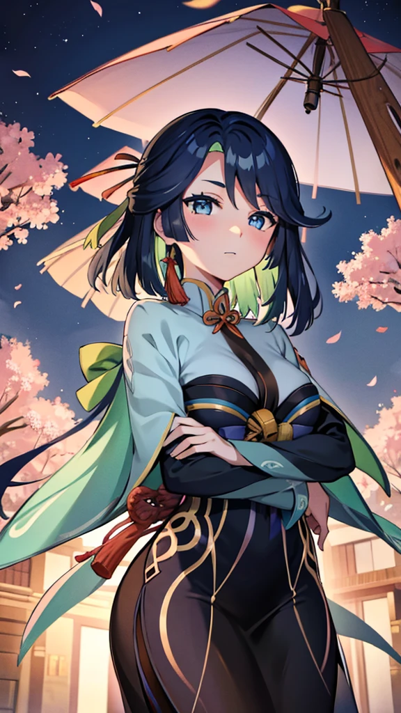 well detailed eyes, With a beautiful kimono. At night under a Sakura tree 