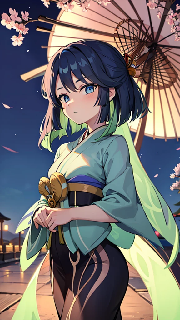 well detailed eyes, With a beautiful kimono. At night under a Sakura tree 