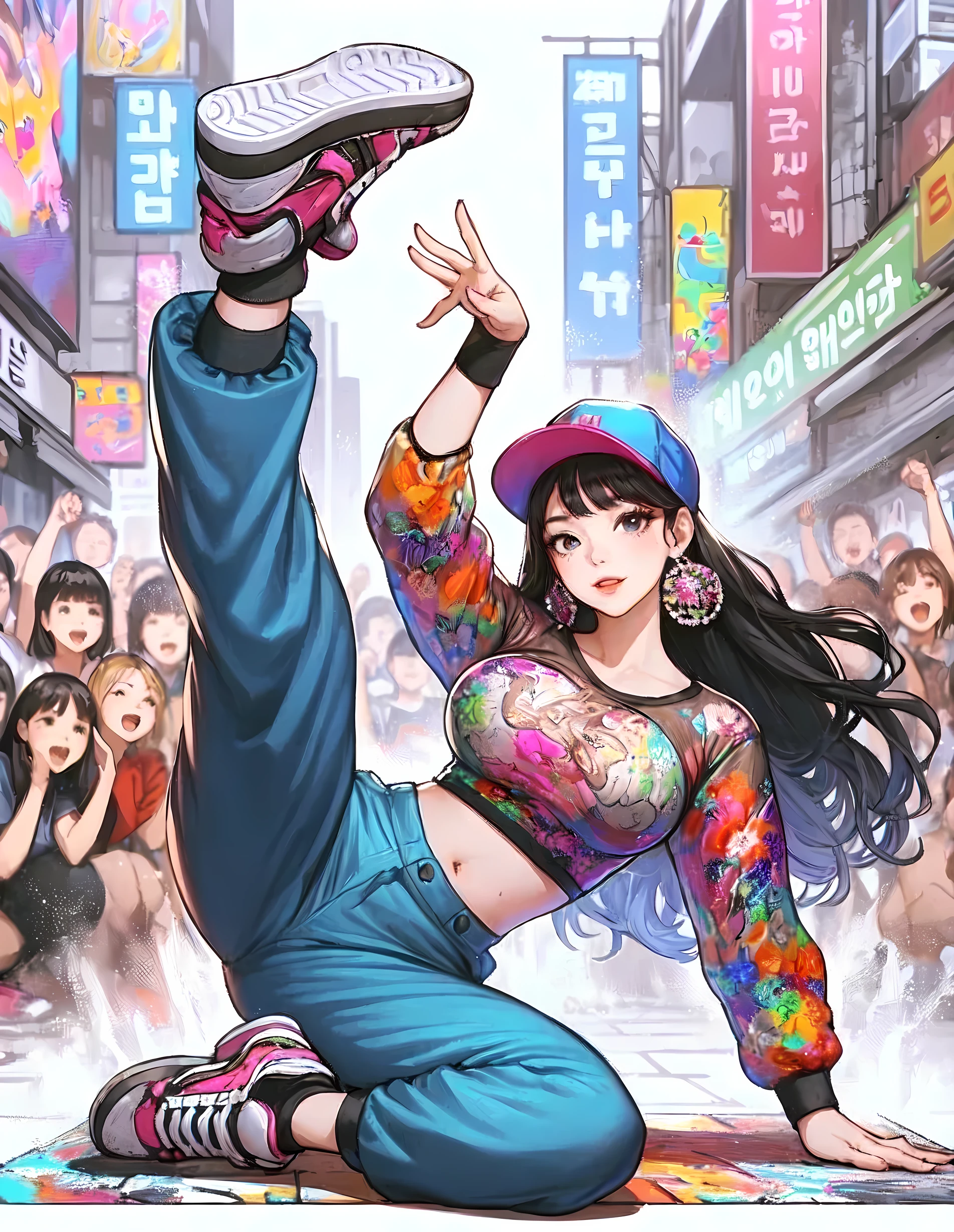 1lady solo, (dynamic posing) (breakdance), (one hand on the ground) (throwing body into the air) acrobatic (legs raised up), stylish outfit (chic and pop attire), (mature female:0.6), /(silver gray hair/) bangs, (light smile:0.8), (masterpiece best quality:1.2) delicate illustration ultra-detailed, large  BREAK (lively street) outdoors, square, audience, detailed background