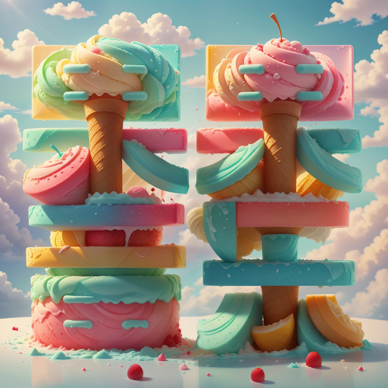 Gogo，ice cream，Those fruits，Ice cubes，splash，Blue sky and white clouds
