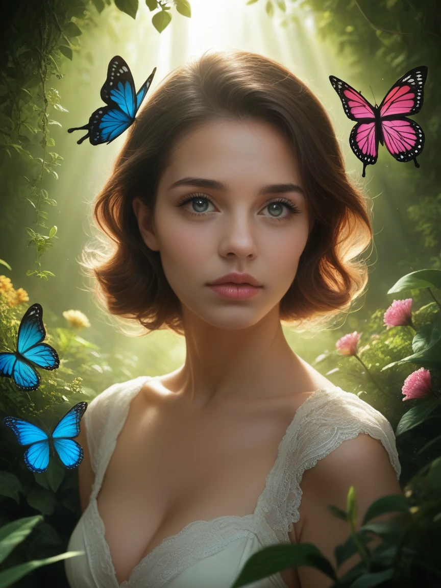 a girl in a garden, beautiful detailed eyes, beautiful detailed lips, extremely detailed eyes and face, long eyelashes, elegant female portrait, 1girl, digital art, highly detailed, 4k, 8k, photorealistic, hyperrealistic, vibrant colors, dramatic lighting, nature scenery, lush greenery, flowers, butterflies, sunlight, warm palette