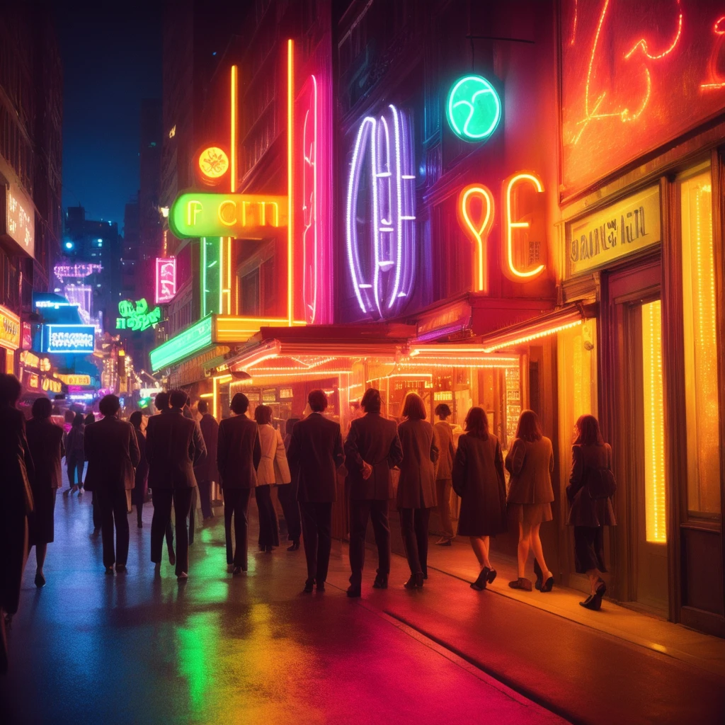 1970s \(style\), detailed, Illuminated,(Sophisticated),orange、Disco、club、Gorgeous、Neon Light、City