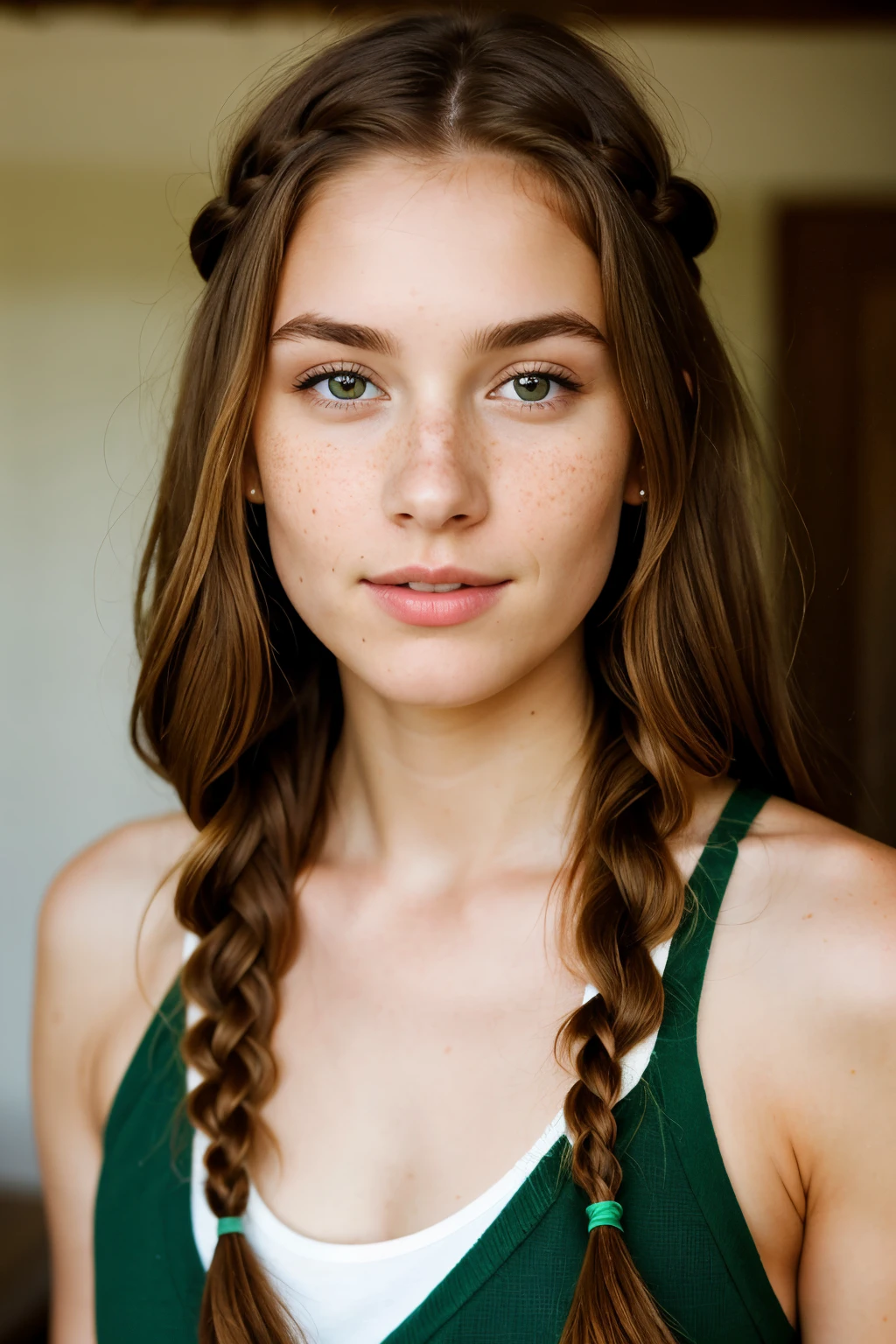 A realistic portrait of a young woman, around 25 years old, with long light brown (chestnut) hair styled in two braids. She has green eyes, fair skin with a few freckles, and is wearing subtle makeup.