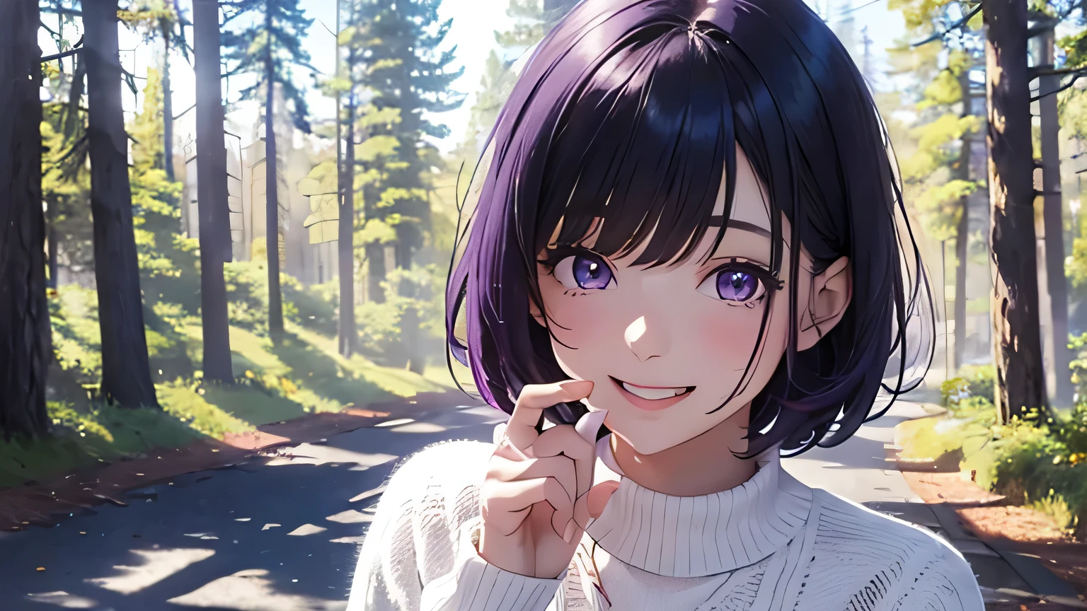 a girl on a date, purple eyes, bob hair, white sweater, clear blue sky, forests, laughing
