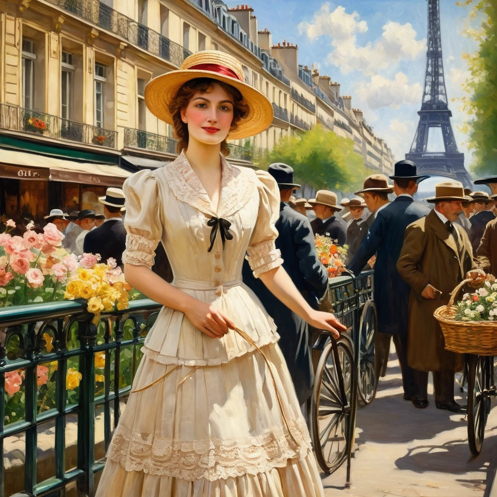 A painting of Paris in early 1913 under the sun during the Impressionist era, a realistic painting like the Impressionist masters Manet, Monet, Renoir, Cézanne, Degas and Berthe Morisot. ((A young woman, long dress, flowers and lace, boots, small round straw hat "boater" style like Maurice Chevalier or "Gabrielle Chanel" with ribbons and flowers:1.1)), very beautiful young, fresh face, magnificent, complex eyes, symmetrical features, dark made-up eyes, small nose, perfect, sometimes pouting lips, desirable, amiable, realistic feminine face, smiling, pure, lighting worthy of the painters Renoir, Manet, Monet, Cézanne, Impressionist paintings in summer. Background ((Paris, with its very wide Haussmann boulevards)), paintings in soft, warm pastel colors, some horse-drawn carriages, ((vintage automobiles)) like Decauville, Renault, Lozier, Panhard. Background view of the Eiffel Tower, generate well-drawn pedestrians with realistic, perfect, beautiful and sharp faces, frock coats, felt bowler hats, "boater" straw hats, top hats, some workers with caps, small trades, an image of a city before World War I with large Haussmann-style buildings on very wide, lively and dynamic boulevards. No cropped image, 32k, 3D, HD, oil_painting