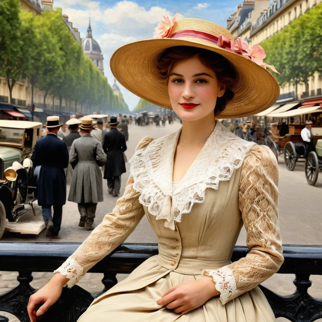 A painting of Paris in early 1913 under the sun during the Impressionist era, a realistic painting like the Impressionist masters Manet, Monet, Renoir, Cézanne, Degas and Berthe Morisot. ((A young woman, long dress, flowers and lace, boots, small round straw hat "boater" style like Maurice Chevalier or "Gabrielle Chanel" with ribbons and flowers:1.1)), very beautiful young, fresh face, magnificent, complex eyes, symmetrical features, dark made-up eyes, small nose, perfect, sometimes pouting lips, desirable, amiable, realistic feminine face, smiling, pure, lighting worthy of the painters Renoir, Manet, Monet, Cézanne, Impressionist paintings in summer. Background ((Paris, with its very wide Haussmann boulevards)), paintings in soft, warm pastel colors, some horse-drawn carriages, ((vintage automobiles)) like Decauville, Renault, Lozier, Panhard. Background view of the Eiffel Tower, generate well-drawn pedestrians with realistic, perfect, beautiful and sharp faces, frock coats, felt bowler hats, "boater" straw hats, top hats, some workers with caps, small trades, an image of a city before World War I with large Haussmann-style buildings on very wide, lively and dynamic boulevards. No cropped image, 32k, 3D, HD, oil_painting