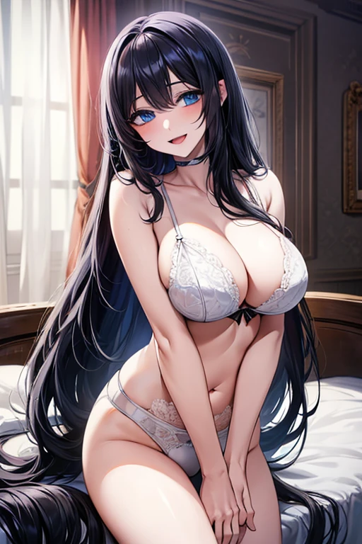 ((( white lingerie))), Very detailed、highest quality、Best image quality、masterpiece、8k、Anime Face、A kind smile、Open Mouth、(black long hair:1.5)、big breast, sexy、 beautiful body 、Cowboy Shot, Sexual Intercourse, ((blue eyes)), hotel bedroom