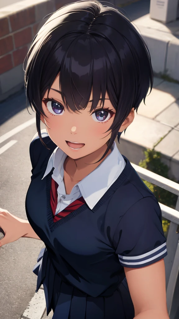 (masterpiece, best quality, ultra detailed, eye focus:1.4), 1lady, athletic female, abs body, (Black Hair, Pixie Cut, breasts, gigantic breasts, black_eyes, four fingers and one thumb), (school uniform:1.3), (Sunburn, Sunburnlines, Dark Skin:0.8), (ultra_detailed face, beautiful detailed eyes, happy, open mouth, shiny hair, shiny skin, super detailed skin, oily skin), (glowing, depth of field, eye-level shot from front, from above, looking at viewer:1.4),