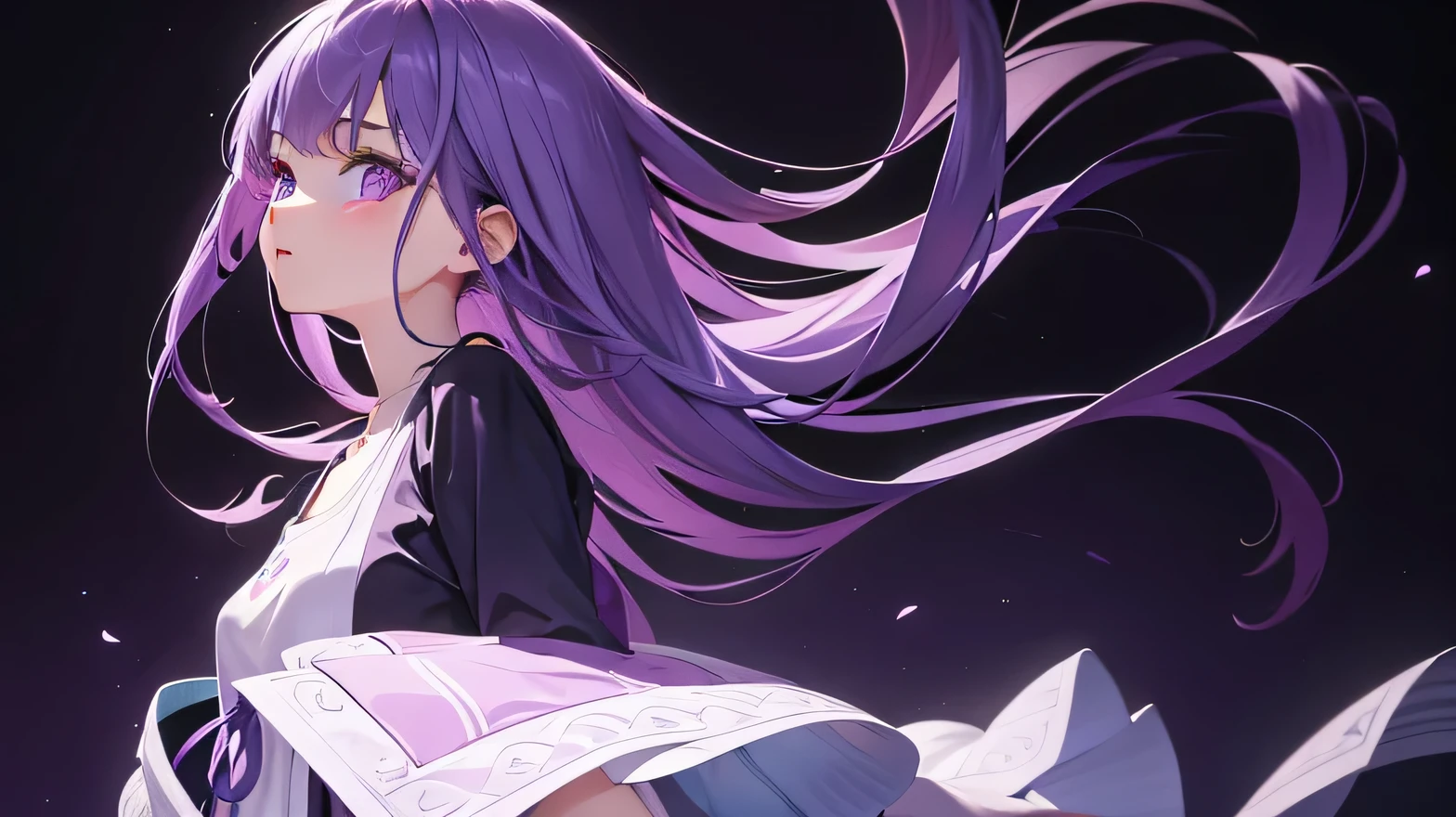 masterpiece, beautiful detailed, one cute girl, the girl wearing (casual and cute clothes), violet Eyes, violet hair, long hair, violet theme, ((whole body, floating to the side)), (((bold outline))), limited palette, Colorless solid background