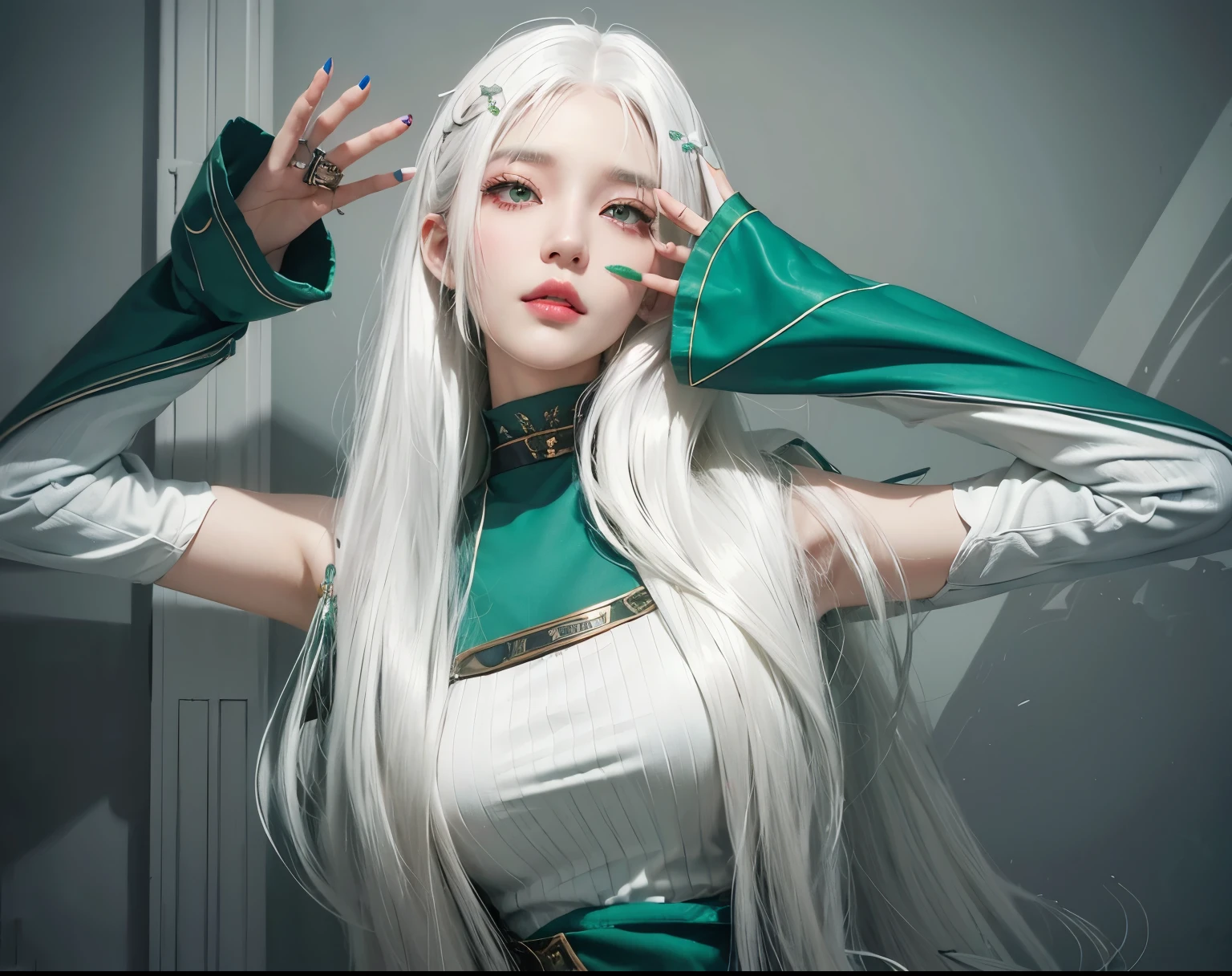 aVATAR SECOND LIFE Korean girl wearing green blouse, White hair, White hair, White hair, Asian, Perfect and detailed face, imvu, maximalist details, AVATAR SECOND LIFE Korean blusa , neon