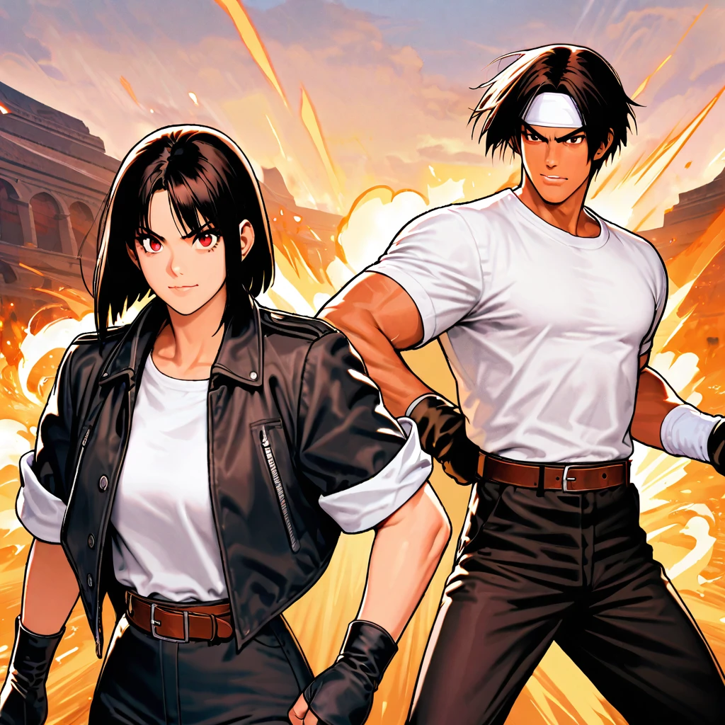 Masterpiece, 2 people, man and woman before fight, one on one, highest quality, 8K, grinning at each other, fighting pose, fighting: 1. 5,(kyo kusanagi), man has dark skin, red eyes, alone, ((white headband)) two shot, black jacket (rolled up arms), fingerless gloves, black hair, white t-shirt, black pants , white shoes, brown belt, boyish, handsome, shot, charming, masterpiece, high resolution, detailed face, grainy, morning, confident grin, man and woman fighting against background of Arles amphitheater, loud cheers, same hair, same hair and clothes, angry face: 1. attack speed 5, fast attack, angry face, angry face