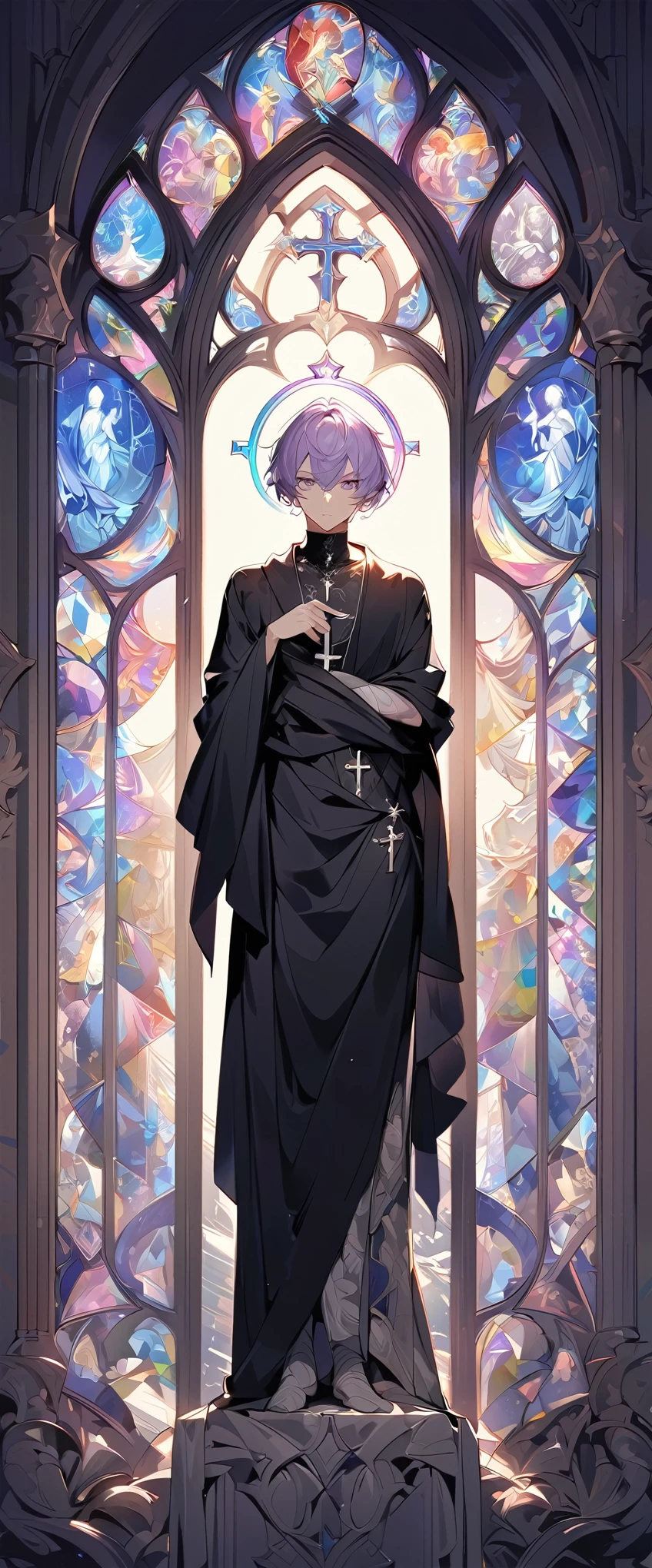 shiny hair, Helios halo, Holy, Church stained glass windows, Symmetrical structure, whole body, individual, Wrapped in a long black robe, Simple, Silver cross on chest, male, purple eyes, Cool, peaceful, thinking, short hair, Light purple hair
, The whole body is wrapped, Neoclassicism, Gothic art, Classicism, photomosaic, photomosaic, drop shadow, god rays, Classical color scheme
, British retro color, UHD, anatomically correct, super detail, textured skin, textured skin