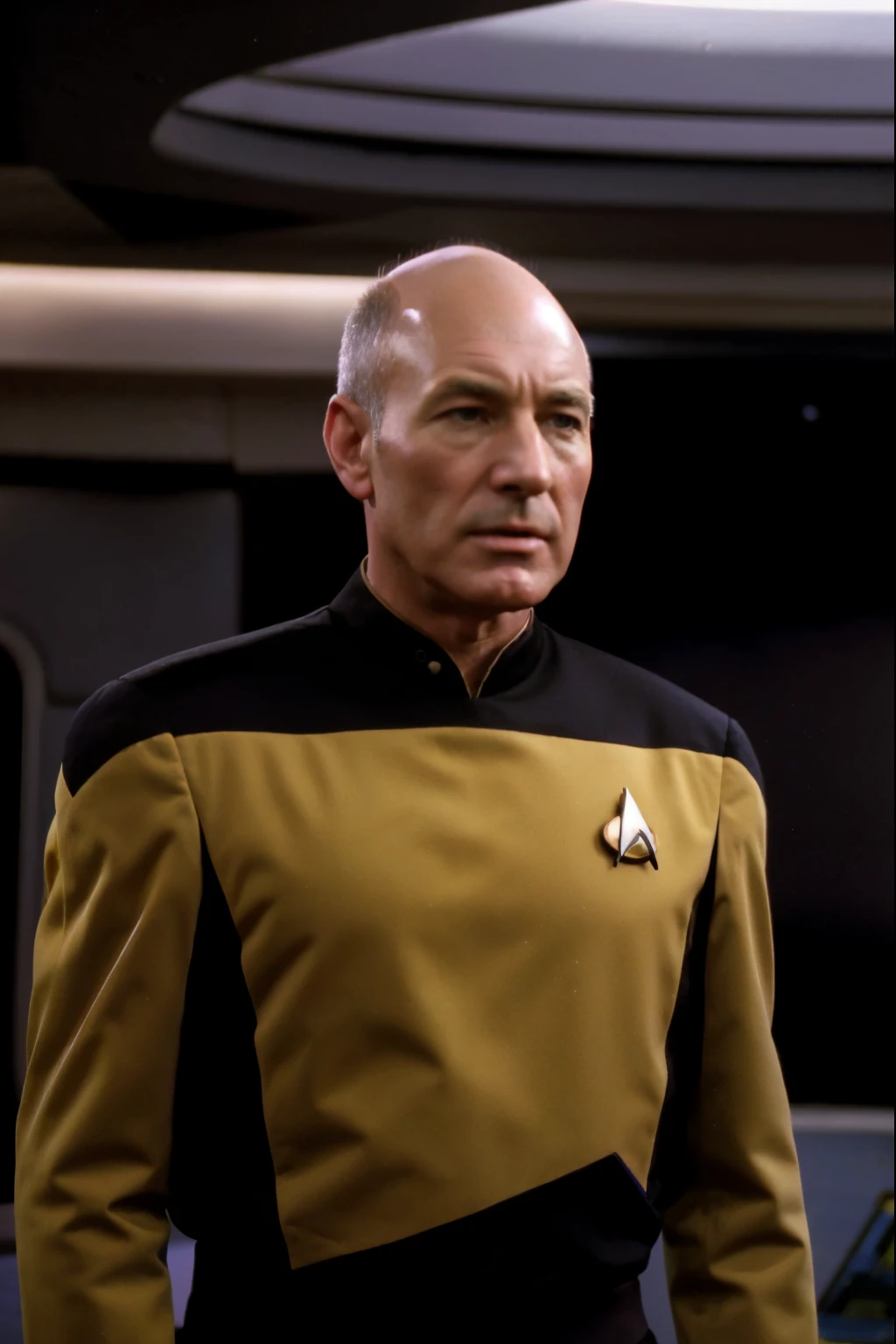 arafed man in uniform standing in front of a ceiling, captain jean-luc picard, jean luc picard, picard on a starboard, captain picard, sttng, st : tng, patrick stewart, star trek tng, in starfleet uniform, in the style star trek 8 k, in full starfleet uniform, tng, from star trek
