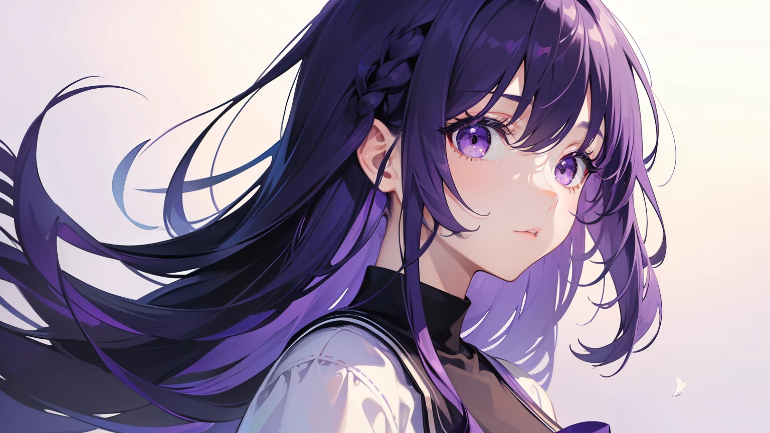 masterpiece, beautiful detailed, one cute girl, the girl wearing (casual and cute clothes), violet Eyes, violet hair, long hair, violet theme, ((whole body, floating to the side)), (((bold outline))), limited palette, Colorless solid background