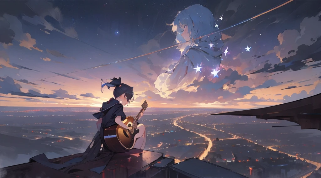 masterpiece,night,(dark alley),star、Night Sky、Overlooking the city、milky way、Back view、octone、
(1 girl), (solo), Knee hugging sitting,acousticguitar