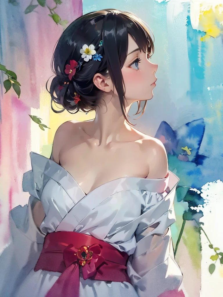 {(masterpiece,best quality, 8K UHD, extremely detailed CG, detailed beautiful face and eyes and skin and hair),(beautiful like picture:1.1)},{(watercolor image:1.2),sketch,bright colors overall,gentle color},{Simple configuration:1.1}, {light blue backgroundl:1.4},{erotic face,anguish,(painful:1.1),(very very ecstasy:1.2),(writhing:1.4),embarrassing}, {solo girl,yukata,(open clothes:1.2),(Show shoulders:1.4),profile},{Floral,Taisho romance}