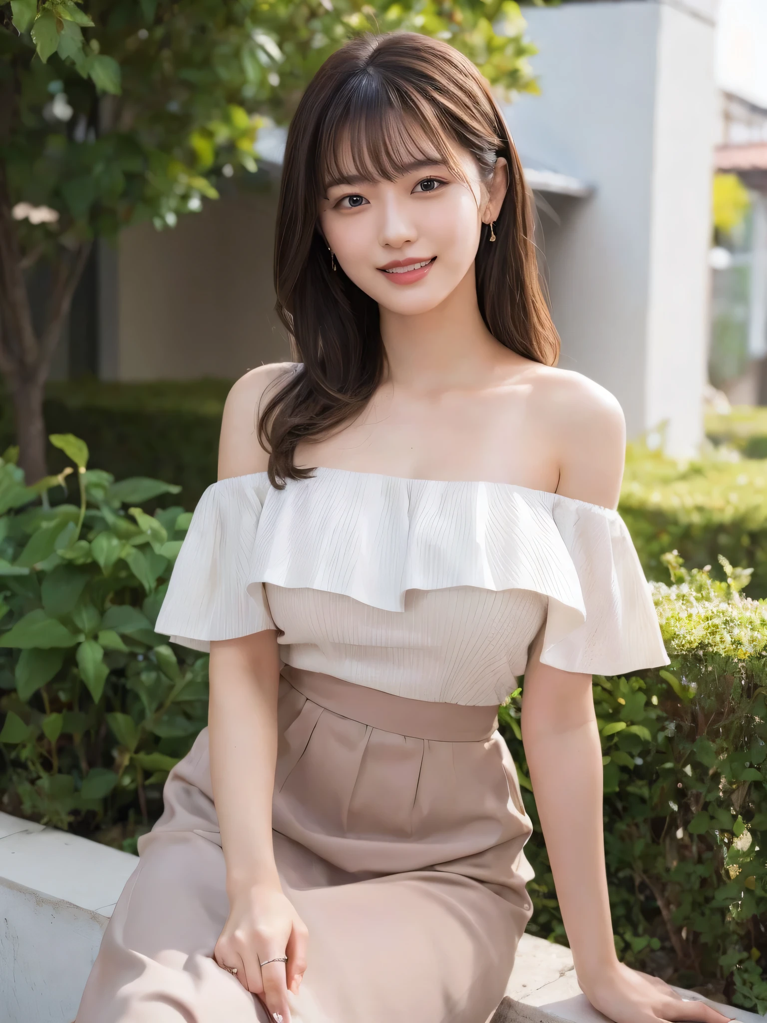 (highest quality,masterpiece:1.3,ultra high resolution),(Super detailed,caustics,8k),(realistic:1.4,RAW shooting),18-year-old,cute,Super beautiful,Japanese woman sitting on the terrace of a cafe, long curly hair, turn around, off shoulder, big round eyes, sunlight, With bangs, brown eyes, Narrow forehead, , smile, long skirt,big breasts,
