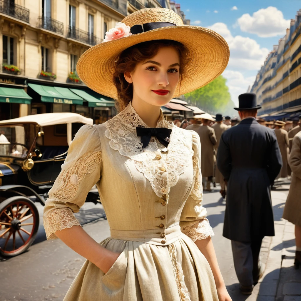 A painting of Paris in early 1913 under the sun during the Impressionist era, a realistic painting like the Impressionist masters Manet, Monet, Renoir, Cézanne, Degas and Berthe Morisot. ((A young woman, long dress, flowers and lace, boots, small round straw hat "boater" style like Maurice Chevalier or "Gabrielle Chanel" with ribbons and flowers:1.1)), very beautiful young, fresh face, magnificent, complex eyes, symmetrical features, dark made-up eyes, small nose, perfect, sometimes pouting lips, desirable, amiable, realistic feminine face, smiling, pure, lighting worthy of the painters Renoir, Manet, Monet, Cézanne, Impressionist paintings in summer. Background ((Paris, with its very wide Haussmann boulevards)), paintings in soft, warm pastel colors, some horse-drawn carriages, ((vintage automobiles)) like Decauville, Renault, Lozier, Panhard. Background view of the Eiffel Tower, generate well-drawn pedestrians with realistic, perfect, beautiful and sharp faces, frock coats, felt bowler hats, "boater" straw hats, top hats, some workers with caps, small trades, an image of a city before World War I with large Haussmann-style buildings on very wide, lively and dynamic boulevards. No cropped image, 32k, 3D, HD, oil_painting