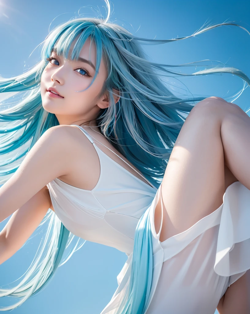 (Highest quality, 32K, High resolution, Masterpiece:1.5), marimo_jet, god々A photograph with brilliant dazzling and healing power., Evoking a sense of calm and elusive beauty, Expressing emotions, Have a rich imagination, Beautiful Japanese Girls, ((Low angle view:1.2)), An exceptionally beautiful face, Small Face Beauty, Perfect Human Anatomy, Magical big eyes, Motherhood and generosity, Deep Love, fleeting smile, ((Shiny light blue hair:1.3)), ((Beautiful long hair swaying in the wind)), Asymmetrical bangs, Hair between the eyes, Transparent, soft white skin, Sharp eyebrows, Thin lashes, Natural Makeup, Cheek highlighter, Pale pink detailed lips, (White dress:1.4), High resolutionの美しい太もも, Beautiful legs, ((Detailed blue sky background:1.3)), Professional photographer, Professional Lighting, Professional models, god秘的