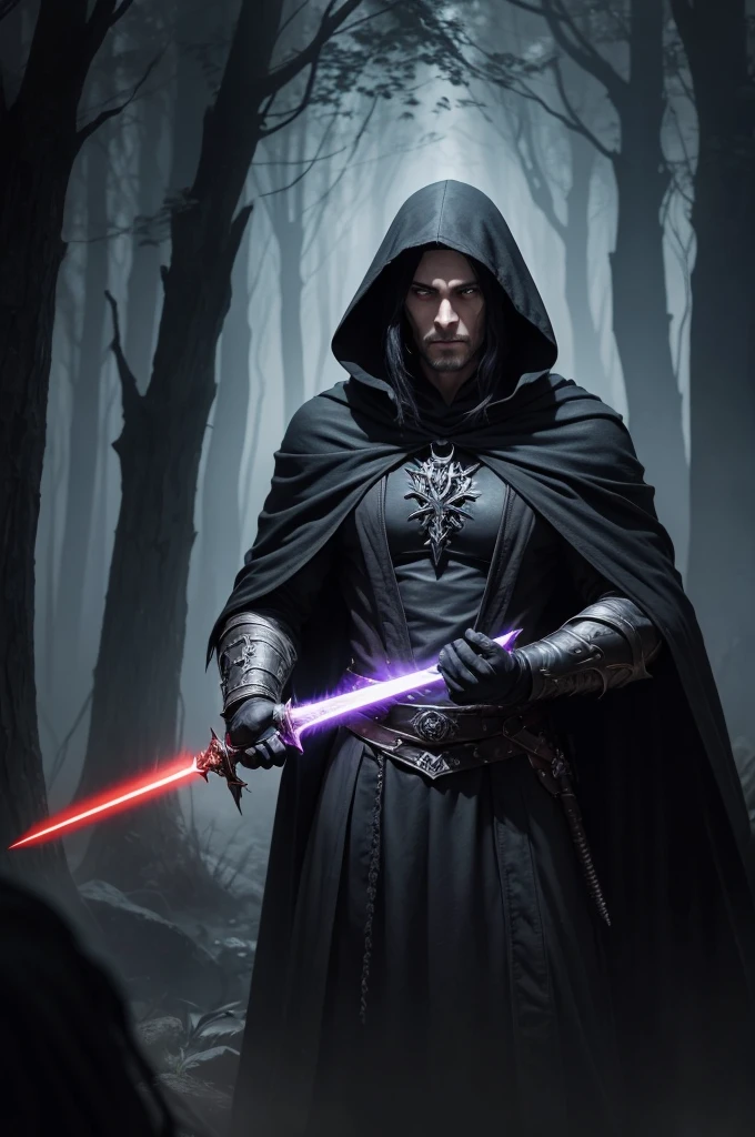 a painting of a man with a sword in a dark forest, sith sorcerer from world war i, dark fantasy style art, dark cloaked necromancer, drizzt do\'urden, grey hooded wizard, small horns on front of head, dark fantasy character design, epic fantasy character art, hooded sith lord, mistborn steel inquisitor, dark fantasy concept art