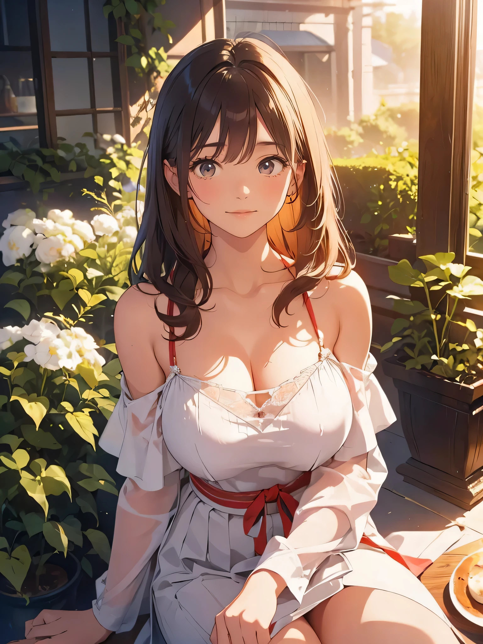 (highest quality,masterpiece:1.3,ultra high resolution),(Super detailed,caustics,8k),(realistic:1.4,RAW shooting),18-year-old,cute,Super beautiful,Japanese woman sitting on the terrace of a cafe, long curly hair, turn around, off shoulder, big round eyes, sunlight, With bangs, brown eyes, Narrow forehead, , smile, long skirt,big breasts,
