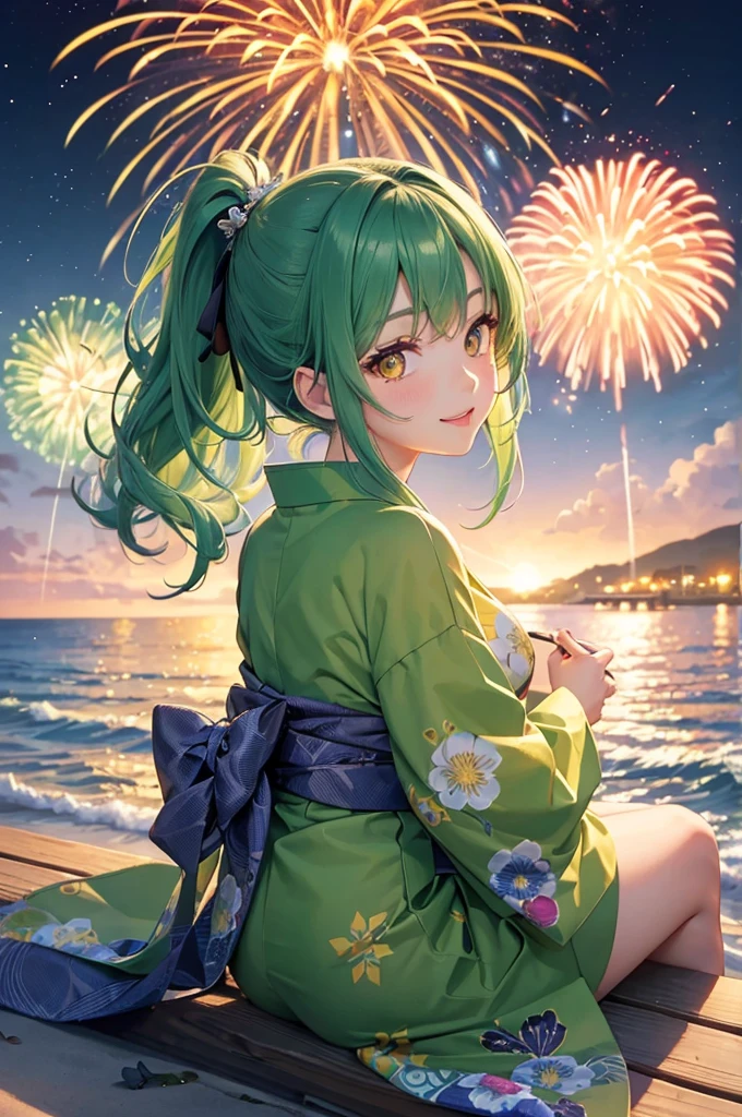 (beautiful back style), (solo:2, 15 yo, Look love face), (beautiful detailed ponytail green hair long hair) (best cute girl, cute yellow eyes, glossy lip, medium tits, love smile), in A beautiful detailed yukata, sit down on breakwater, break, in the night fly Fireworks in beach, background beautiful many fireworks Over the ocean, BREAK, perfect anatomy, masterpiece, beautiful detailed night,best quality, daydreaming expression.
