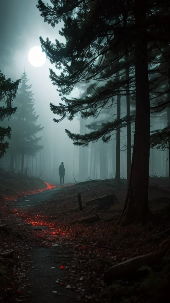 A dark, menacing forest at night with twisted, gnarled trees and thick, swirling fog. In the center stands a shadowy figure, indistinct and shrouded in darkness, with glowing red eyes. Faint whispers emanate from the figure, adding to the unsettling atmosphere. The full moon is partially obscured by dark clouds, casting an eerie, dim light over the scene. The overall mood is one of intense fear and dread, as if the forest itself is alive with malevolent intent.