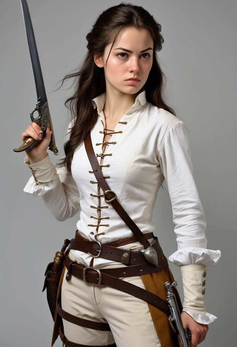 Young woman, slender, strong, beautiful and intelligent. She wears a light combat outfit, she has a long knife tied to her belt. She has a determined look and she holds a fine-blade sword in one hand and a flintlock pistol in the other. She points the flintlock pistol in one direction and is in fighting positions. [Realistic and good quality flintlock pistol] [Realistic Musketeers style sword]