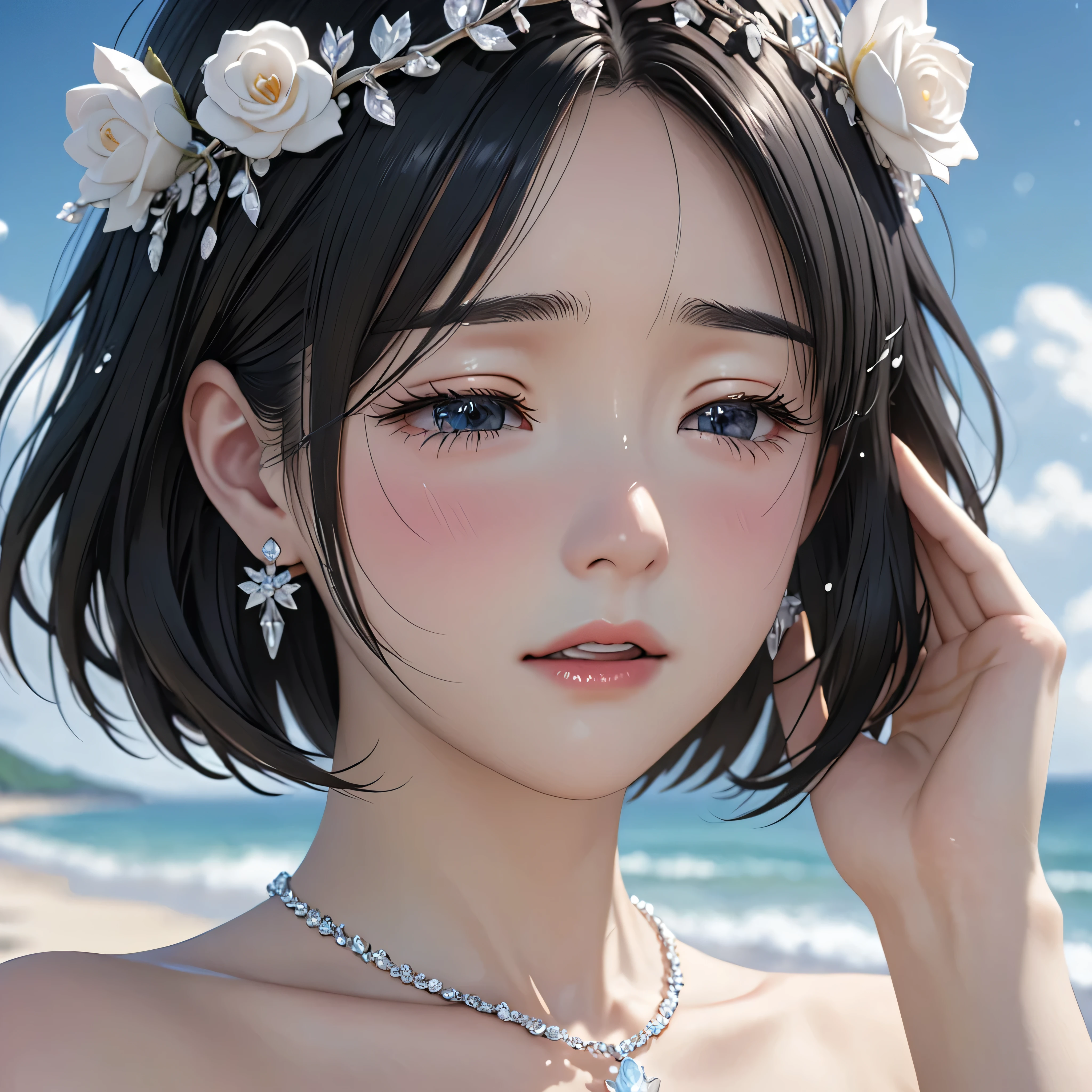 National Science Foundation,masterpiece,High resolution,8k,Art,digit,Three-dimensional,Realism,Kyoto Animation Style,your name movie style,looking into camera,cute,On the scenic beach,(1 girl: 1.3),(alone: 1.4),(Upper body nudity),Put your hands behind your head,White rose crown,white crystal necklace,White crystal earrings,Black hair,Long eyelashes,Slender legs,Short Bob,Close-up of upper body,Close-up,(A Closer Look),Eyes as deep as the starry sky,Close your eyes,shy,blush,pain,sad,sad,cry,Tears,open mouth