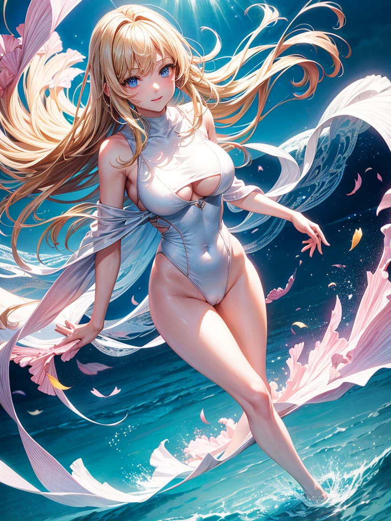 Anime style, super fine illustration, highly detailed, beautiful detailed, pale tone image, simple & static Sensual posing Portrait, full body, static representation, gentle expression, 8k, angle from behind, pretty 1girl with blonde straight short hair & blue eyes & a bright smile & huge breasts & pink nipples & soft fair skin is wearing the swimsuit on the caribbean beach, brilliant particles of lights, romantic stories, solo, perfect 5fingers, perfect arms, perfect legs, masterpiece.