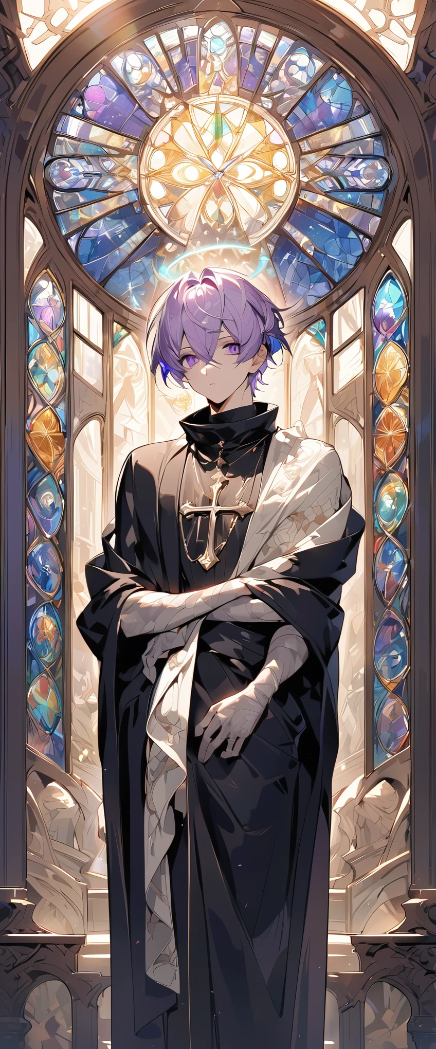 shiny hair, Helios halo, Holy, Church stained glass windows, Symmetrical structure, whole body, individual, Wrapped in a long black robe, Simple, Silver cross on chest, male, purple eyes, Cool, peaceful, thinking, short hair, Light purple hair

, The whole body is wrapped, Neoclassicism, Gothic art, Classicism, photomosaic, photomosaic, drop shadow, god rays, Classical color scheme

, British retro color, UHD, anatomically correct, super detail, textured skin, textured skin