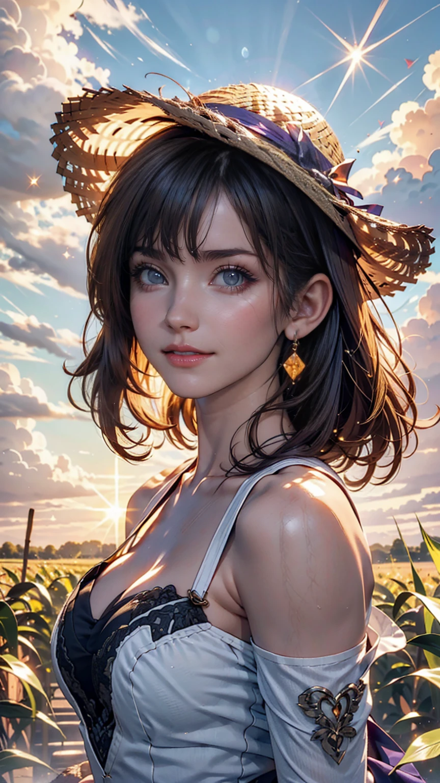One girl, masterpiece, Very detailed, (Beautiful sparkle), Lens flare, Silver Hair, short hair, Floating Hair, Recall, Behind the back, smile, blue eyes, White Dress, Medium chest, Upper Body, Wide Shot, Straw hat, ((Cornfields to the horizon)), sunrise, cloud, Backlight, Purple Sky, Yellow Sky, Gradient Sky, put your hand on the hat