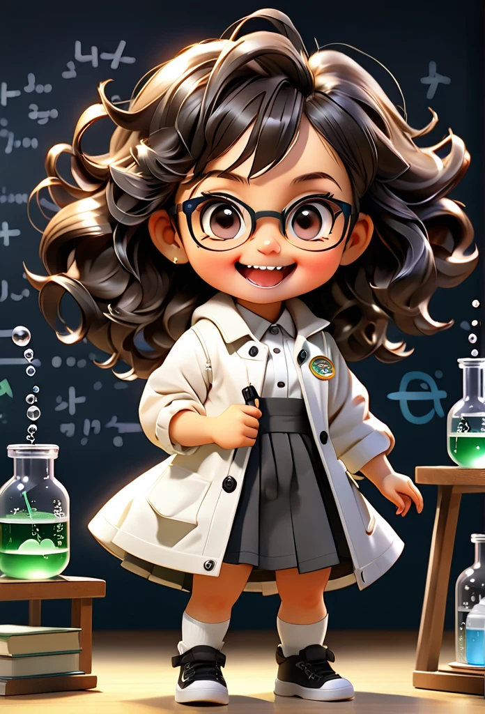 (((Chibi Baby UHD))) Chemistry remains with its original characteristics (your eyes are the color of honey ) MASCOT and , atoms, Molecules ,Has black hair , your hands are perfect, Blind box style and model with popular market style, The sunlight shines, , hyper qualit, sharp features, Ultra HD and 8K resolution,Cool Hand Drawn Illustration,fly away (Inside out disgusting), Create a series of best quality cute chibi dolls, chibi holds BOOK and PEN for ultra-detailed annotation,realisitic,Science Laboratory,Chemical experiment,ultra HD, chemical equipment,scientists working,cups,UHD Bunsen Burner ,Microscope,laboratory glassware,measuring cylinders,labcoats,Round nerd glasses ,science books,Periodic table,scientific research,discoveries,new inventions,Innovation,aprendizagem,education,Scientific culture uses coats with button details and ribbon brooches to look cute, her coat is charming and cute with chemical UHD details ,Curiosidade,Technological advancements,swirly vibrant colors,soft lighting,modern laboratory,nerdy atmosphere,laboratory instruments,hypothesis testing,Scientific method,symbolic representation,Critical thinking,Experiments ,Precision,Precision,details Intricate,impressive scientific setup,natural elements,exploration of the mysteries of science,unlocking the secrets of nature. Baby chibi is happy and excited, remember to use chemical laboratory glassware, The chalkboard behind the cute chibi baby says PROFA NEUTRINA in white chalk 18K UHD , Bblack hair, pretty long hair, American propaganda poster, shine light, 3D rendering, laughter,