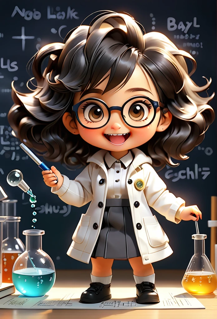 (((Chibi Baby UHD))) Chemistry remains with its original characteristics (your eyes are the color of honey ) MASCOT and , atoms, Molecules ,Has black hair , your hands are perfect, Blind box style and model with popular market style, The sunlight shines, , hyper qualit, sharp features, Ultra HD and 8K resolution,Cool Hand Drawn Illustration，fly away (Inside out disgusting), Create a series of best quality cute chibi dolls, chibi holds BOOK and PEN for ultra-detailed annotation,realisitic,Science Laboratory,Chemical experiment,ultra HD, chemical equipment,scientists working,cups,UHD Bunsen Burner ,Microscope,laboratory glassware,measuring cylinders,labcoats,Round nerd glasses ,science books,Periodic table,scientific research,discoveries,new inventions,Innovation,aprendizagem,education,Scientific culture uses coats with button details and ribbon brooches to look cute, her coat is charming and cute with chemical UHD details ,Curiosidade,Technological advancements,swirly vibrant colors,soft lighting,modern laboratory,nerdy atmosphere,laboratory instruments,hypothesis testing,Scientific method,symbolic representation,Critical thinking,Experiments ,Precision,Precision,details Intricate,impressive scientific setup,natural elements,exploration of the mysteries of science,unlocking the secrets of nature. Baby chibi is happy and excited, remember to use chemical laboratory glassware, The chalkboard behind the cute chibi baby says PROFA NEUTRINA in white chalk 18K UHD , Bblack hair, pretty long hair, American propaganda poster, shine light, 3D rendering, laughter, 