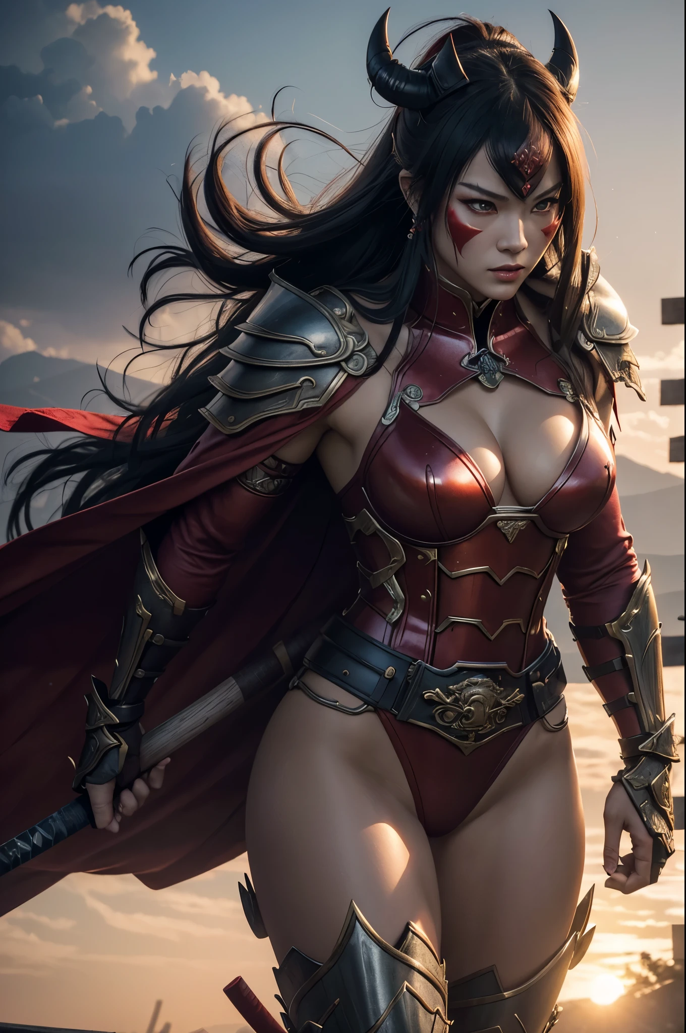 8k,(Samurai)、Devil Mask、Super Beauty(Like the real thing)、Red Armor Solo Adult Devil Woman、Muscular macho body type,Super Muscular Beauty,Bodybuilding,(Equipped with a long and large spear)、Mature Woman Big Woman Devil。Sturdy jaw(Like the real thing),Stand facing forward,Demon Armor,A wonderful work of art,((Kyoto Panel Style))、Wind effects:1.9、Cloud effect:1.2、Full Rendering,Devil makeup,masterpiece,Photorealistic RAW photos of the highest quality。Bright colors,Rich colors, Backlight, Cinema Lighting, Film Grain, 50mm lens, Nikon D850,Ultra-Realistic Skin,Fantasy art,Character Art,Ultra-high resolution,Realistic scale skins,Perfect hand shape,View your viewers,View your viewers,Top-down view,close,Uplifting,Dynamic fighting pose,Sexy chest,Cleavage close-up,