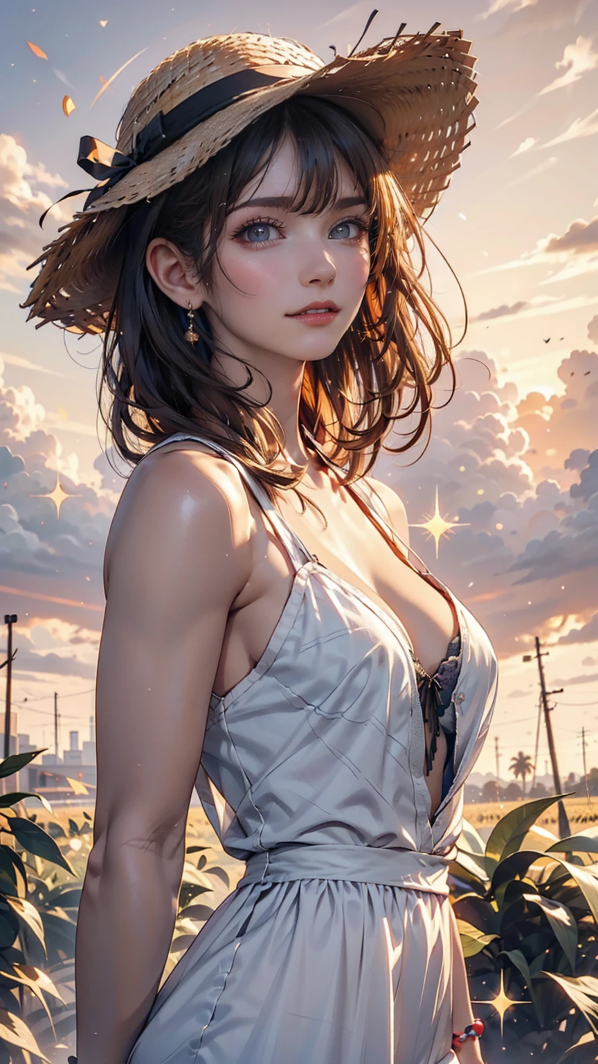 One girl, masterpiece, Very detailed, (Beautiful sparkle), Lens flare, Silver Hair, short hair, Floating Hair, Recall, Behind the back, smile, blue eyes, White Dress, Medium chest, Upper Body, Wide Shot, Straw hat, ((Cornfields to the horizon)), sunrise, cloud, Backlight, Purple Sky, Yellow Sky, Gradient Sky, put your hand on the hat