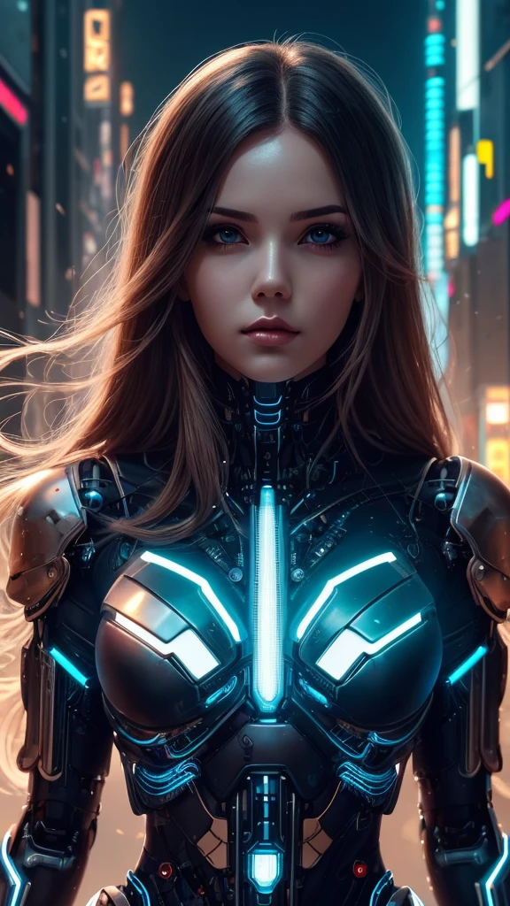 a woman with long hair and a futuristic outfit, portrait beautiful sci - fi girl, dreamy cyberpunk girl, beutiful girl cyborg, 4k highly detailed digital art, beautiful digital artwork, wlop. scifi, beautiful cyberpunk girl face, cyborg girl, cyborg - girl, 4k detailed digital art, cute cyborg girl, artgerm julie bell beeple