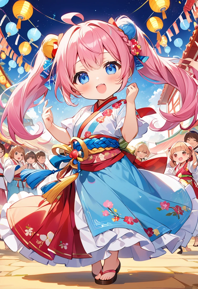 Highest quality、High resolution、Detailed Background、Beautiful face in every detail、Anatomically correct、Detailed facial expressions、fine grain、((full body, from below:1.8, side shot)), break　((One Girl:1.2)、(Chibi Girl:1.2))、Cute hair color、Big beautiful blue eyes、Fuller lips、Pink Lips、Braided twin tails、Ahoge、(Dancing at the Bon Odori festival in the summer:1.2)、(Cute Yukata、Cute sandals)、break　((Sitting on the floor:1.2、Place your hands in front of your chest、Holding a large candy apple、Holding a large cotton candy))、(Eyes closed:1.2、I&#39;m tired and about to fall asleep:1.2)、Sweat、break　(The background is a shrine at night、Lanterns lined up、Drums on top of the tower、Bon Odori Contest、Many people in yukata walking、full moon)、