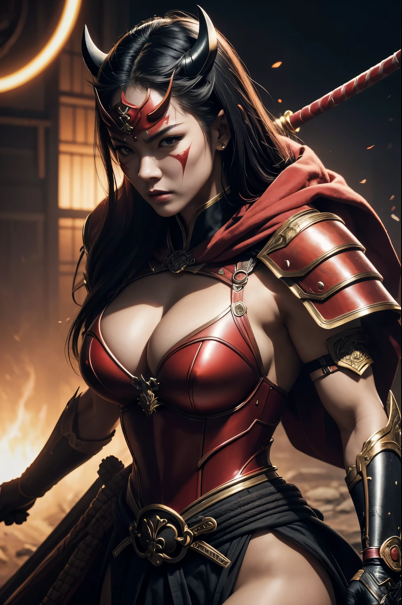 8k,(Samurai)、Devil Mask、Super Beauty(Like the real thing)、Red Armor Solo Adult Devil Woman、Muscular macho body type,Super Muscular Beauty,Bodybuilding,(Equipped with a long and large spear)、Mature Woman Big Woman Devil。Sturdy jaw(Like the real thing),Stand facing forward,Demon Armor,A wonderful work of art,((Kyoto Panel Style))、Wind effects:1.9、Cloud effect:1.2、Full Rendering,Devil makeup,masterpiece,Photorealistic RAW photos of the highest quality。Bright colors,Rich colors, Backlight, Cinema Lighting, Film Grain, 50mm lens, Nikon D850,Ultra-Realistic Skin,Fantasy art,Character Art,Ultra-high resolution,Realistic scale skins,Perfect hand shape,View your viewers,View your viewers,Top-down view,close,Uplifting,Dynamic fighting pose,Sexy chest,Cleavage close-up,