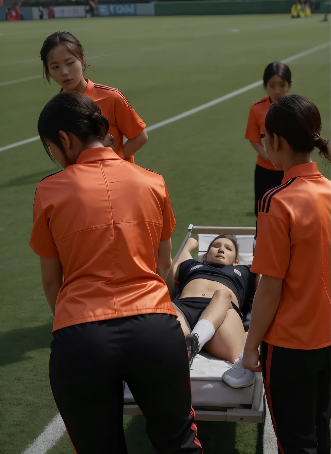 Four very worried looking chinese girls carry a stretcher between them, Two male legs and two soccer shoes look forward out of the tarpaulin, four very worried looking chinese girls carry a short-haired male footballer away from us with the help of a stretcher, on the stretcher lies an injured and unconscious male footballer with short hair and matte sports clothing, the matte t-shirt and the pain-distorted face of the injured athlete protrude over the upper part of the stretcher, Four very worried looking chinese girls transporting an injured male footballer on a stretcher, Four very worried looking chinese girlsn with shiny uniform-jackets are standing in a filled football stadium, Four very worried looking chinese girls are seen from behind in shiny jackets, Four very worried looking chinese girls are holding a stretcher in the middle of them, Four chinese girls are going along, The stretcher that they are carrying in the midle of them ranfrom us, in the stretcher lies an injured and unconscious male footballer with short hair and matt sports clothing, the matte t-shirt and the pain-distorted face of the injured athlete protrude over the upper part of the stretchern, Two male legs and two soccer shoes look forward out of the stretcher, a lying man's pain distorted face