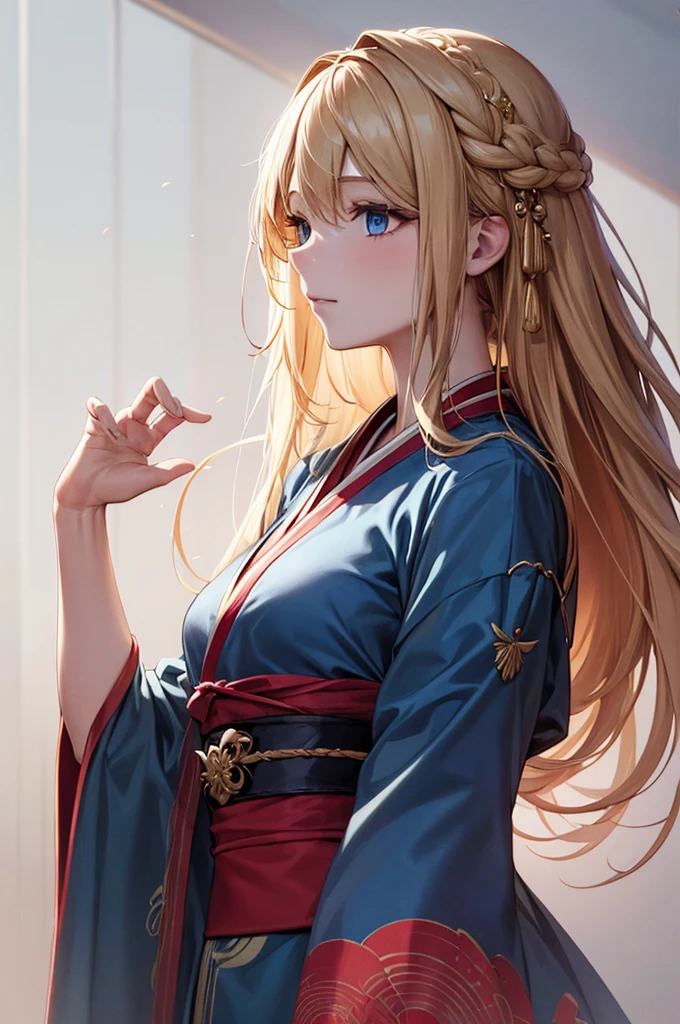 (masterpiece), High resolution hanfu woman, European and American face, Perfect Face, Long blonde hair, blue eyes, So adorable.