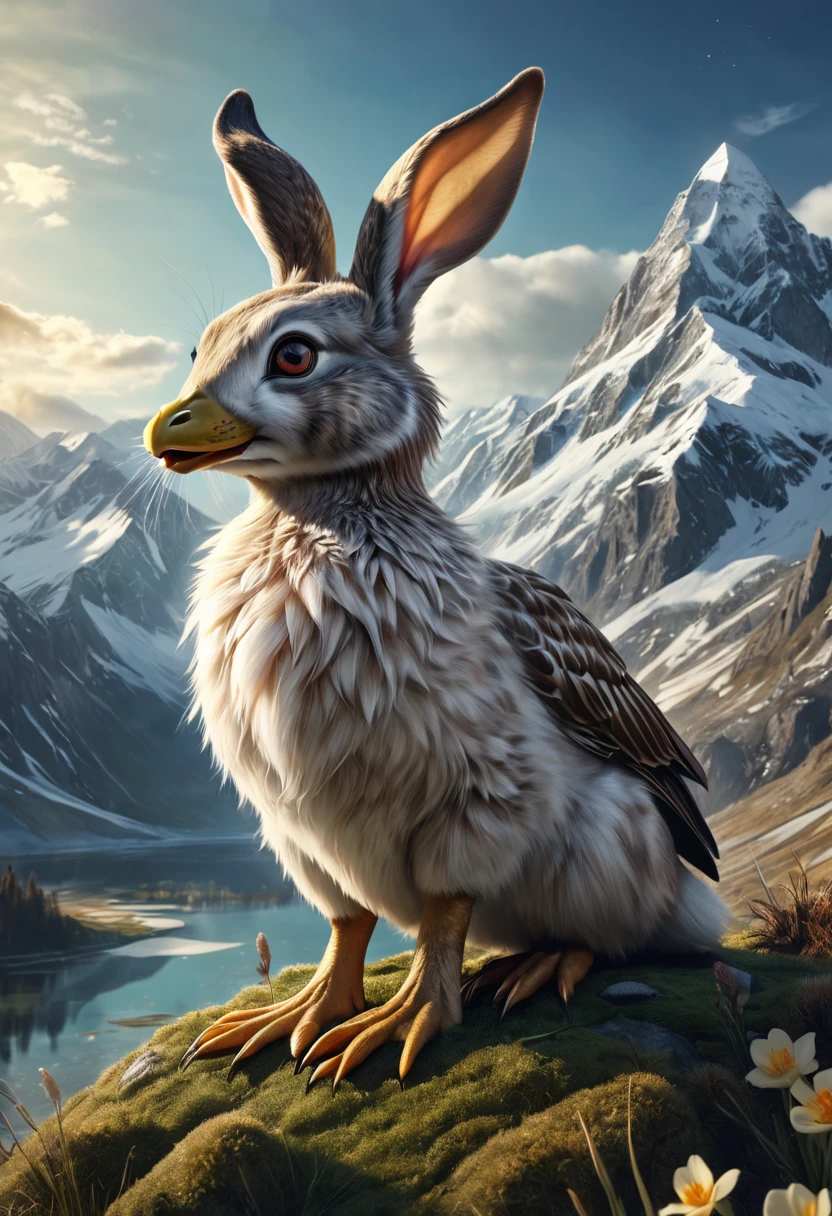 a surreal Wolpertinger, Hybrid creature made of duck, rabbit, and mouse, in front of a mountain landscape, (best quality,4K,8k,highres,​masterpiece:1.2),Ultra-detail,(Realists,photoRealists,photo-Realists:1.37),elaborate details,cinematic lighting,The fantasy,Digital Drawing,surreal,Very detailed,Film composition,keen focus,photoRealists,hyperRealists,mystical,Ethereal,fantastic,exhilarated,noticeable,dream-like,conceptual,imaginative