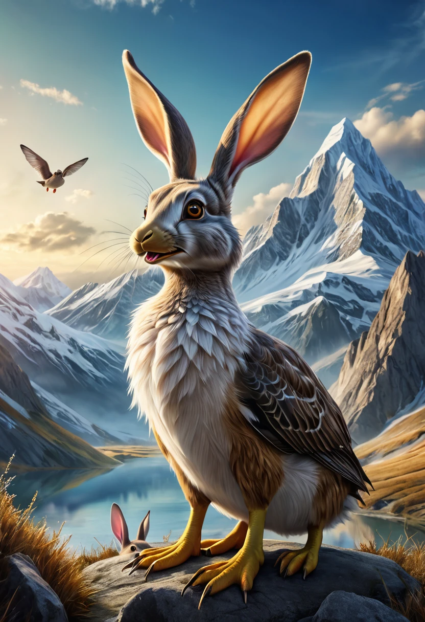 a surreal Wolpertinger, Hybrid creature made of duck, rabbit, and mouse, in front of a mountain landscape, (best quality,4K,8k,highres,​masterpiece:1.2),Ultra-detail,(Realists,photoRealists,photo-Realists:1.37),elaborate details,cinematic lighting,The fantasy,Digital Drawing,surreal,Very detailed,Film composition,keen focus,photoRealists,hyperRealists,mystical,Ethereal,fantastic,exhilarated,noticeable,dream-like,conceptual,imaginative