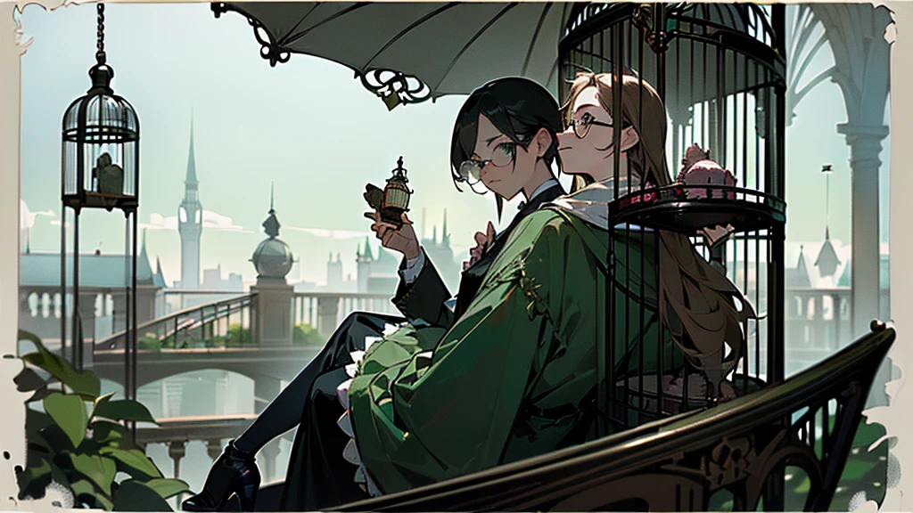 (((masterpiece,Highest quality))),((Women wearing glasses sitting back to back in a large birdcage,Two men sitting back to back in a large birdcage))),(((sitting back to back in a big birdcage))),((Gloomy Background)),high quality),